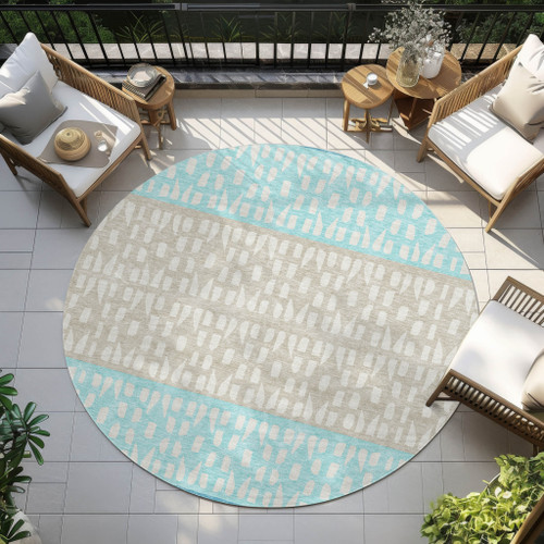 8' Teal Blue Aqua And Ivory Round Geometric Washable Indoor Outdoor Area Rug - Teal Blue, Aqua, Ivory