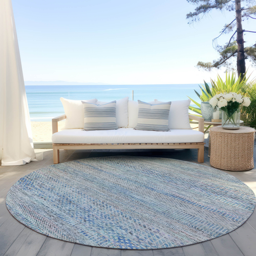 8' Blue And Charcoal Round Striped Washable Indoor Outdoor Area Rug