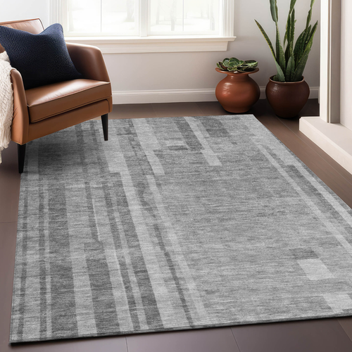 9' X 12' Gray And Silver Striped Washable Indoor Outdoor Area Rug