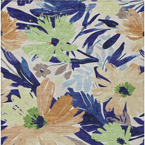 8' X 10' Navy Blue And Beige Floral Washable Indoor Outdoor Area Rug Transitional Style - Navy Blue, Beige Color