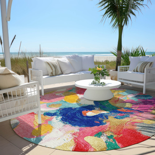 8' Blush Gold And Teal Blue Round Abstract Washable Indoor Outdoor Area Rug
