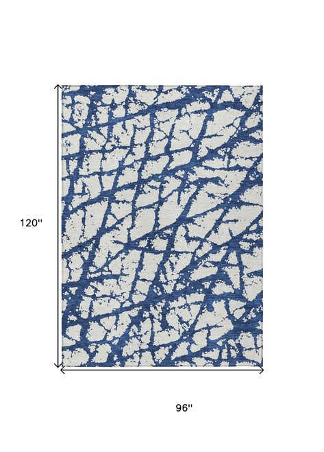 8' X 10' Navy Blue And Ivory Abstract Washable Indoor Outdoor Area Rug