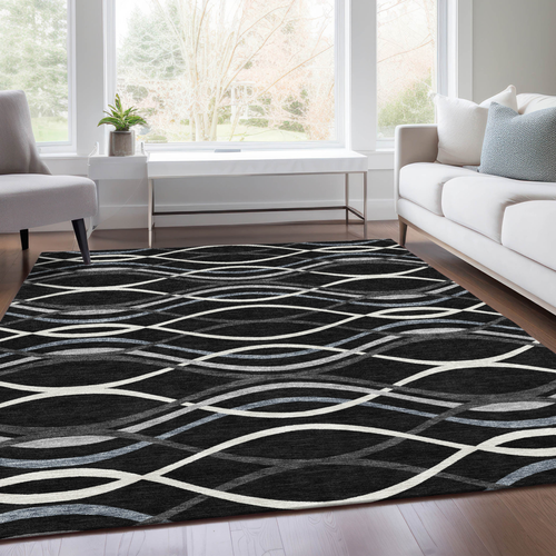 8' X 10' Black Gray And Ivory Abstract Washable Indoor Outdoor Area Rug