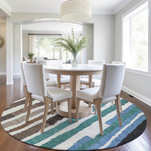 8' Brown Teal Blue And Ivory Round Striped Washable Indoor Outdoor Area Rug