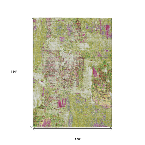 9' X 12' Lime Green Ivory And Pink Abstract Washable Indoor Outdoor Area Rug