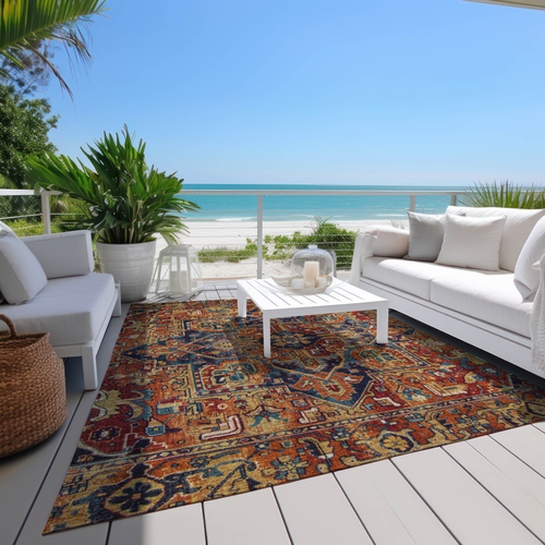 8' X 10' Red Orange And Blue Oriental Washable Indoor Outdoor Area Rug