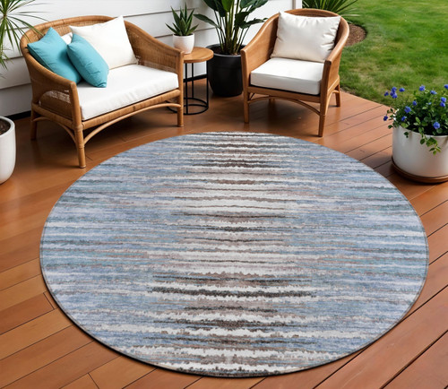 8' Sky Blue Blue And Denim Blue Round Striped Washable Indoor Outdoor Area Rug