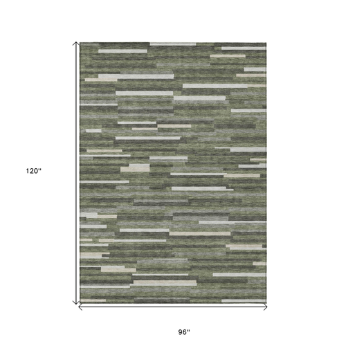 8' X 10' Olive Green Gray And Ivory Striped Washable Indoor Outdoor Area Rug