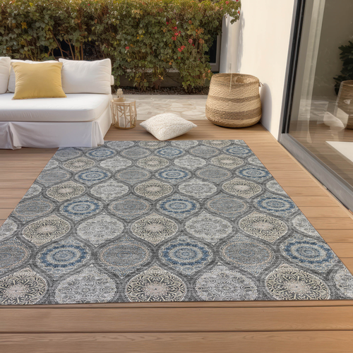 9' X 12' Gray Ivory And Navy Blue Floral Medallion Washable Indoor Outdoor Area Rug