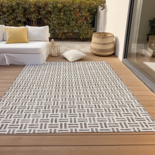 8' X 10' Taupe And Ivory Geometric Washable Indoor Outdoor Area Rug