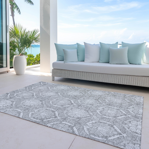 9' X 12' Gray And Silver Medallion Washable Indoor Outdoor Area Rug
