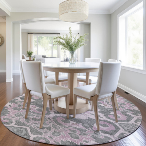 8' Pink And Charcoal Round Damask Washable Indoor Outdoor Area Rug