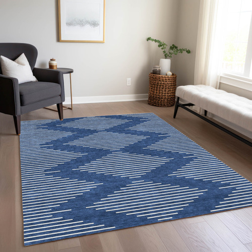 8' X 10' Navy Blue And Ivory Geometric Washable Indoor Outdoor Area Rug