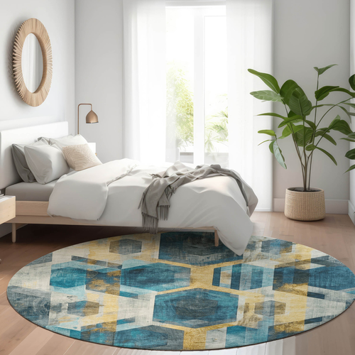 8' Teal Blue Gold And Silver Round Geometric Washable Indoor Outdoor Area Rug