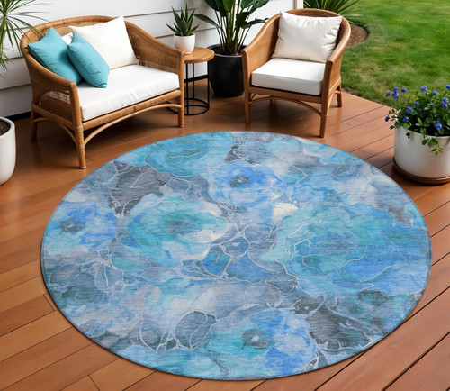 8' Blue And Gray Round Floral Washable Indoor Outdoor Area Rug - Blue, Gray
