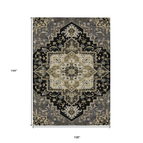9' X 12' Black Gray And Ivory Oriental Washable Indoor Outdoor Area Rug
