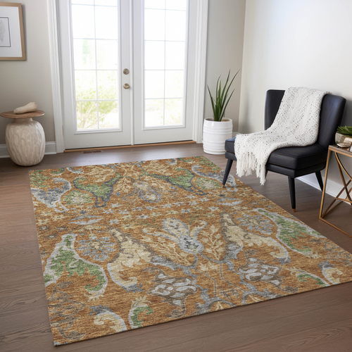8' X 10' Copper Green And Beige Floral Washable Indoor Outdoor Area Rug