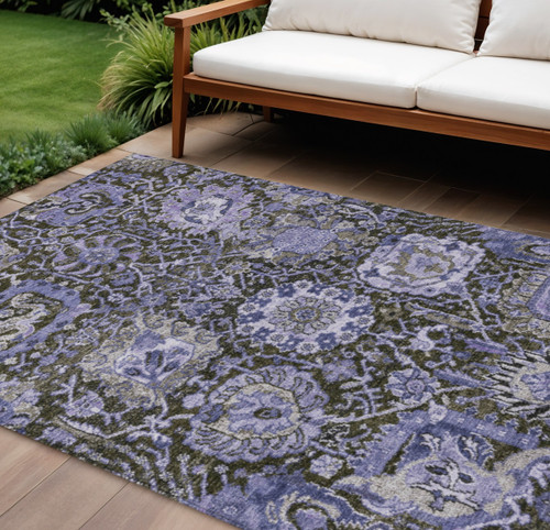 8' X 10' Purple And Black Damask Washable Indoor Outdoor Area Rug
