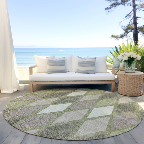 8' Artichoke Green Beige And Ivory Round Geometric Washable Indoor Outdoor Area Rug