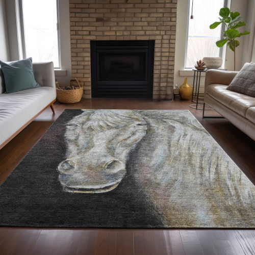 8' X 10' Ivory And Charcoal Animal Print Washable Indoor Outdoor Area Rug
