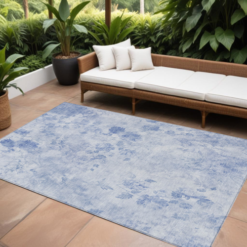 8' X 10' Sky Blue And Denim Blue Floral Washable Indoor Outdoor Area Rug