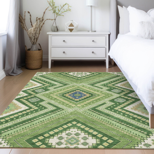 8' X 10' Green Ivory And Beige Tribal Washable Indoor Outdoor Area Rug