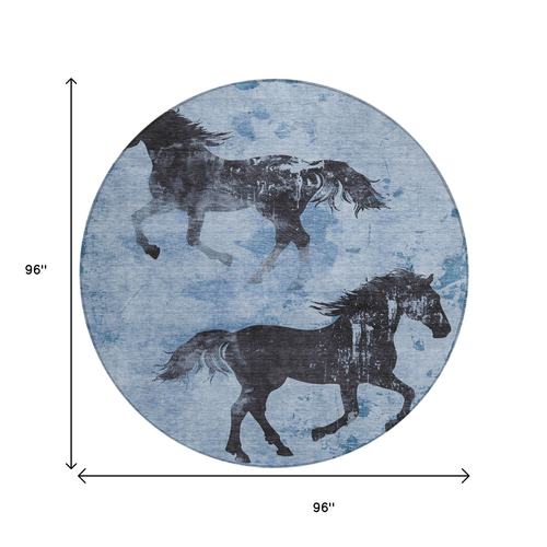 8' Denim Blue And Charcoal Round Horse Washable Indoor Outdoor Area Rug