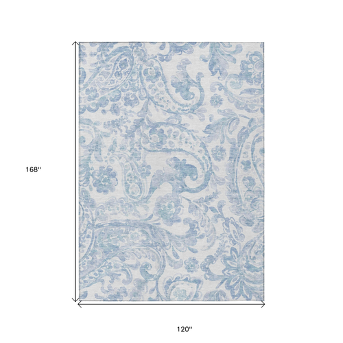 10' X 14' Sky Blue Denim Blue And Ivory Paisley Washable Indoor Outdoor Area Rug