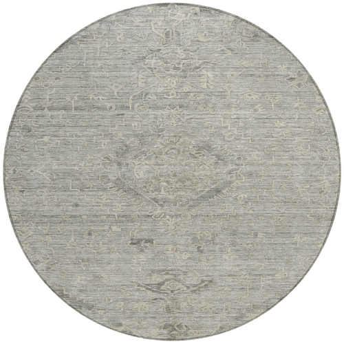 8' Pewter And Beige Round Floral Washable Indoor Outdoor Area Rug