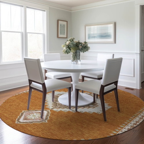 8' Copper Brown And Ivory Round Oriental Washable Indoor Outdoor Area Rug