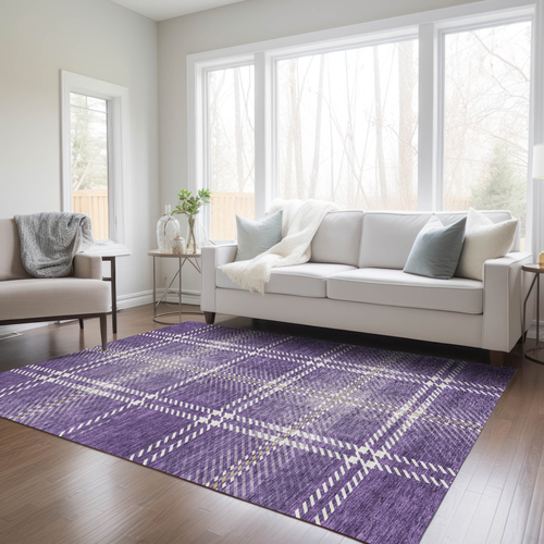 9' X 12' Purple Gold And Ivory Plaid Washable Indoor Outdoor Area Rug