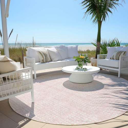 8' Pink And Ivory Round Geometric Washable Indoor Outdoor Area Rug