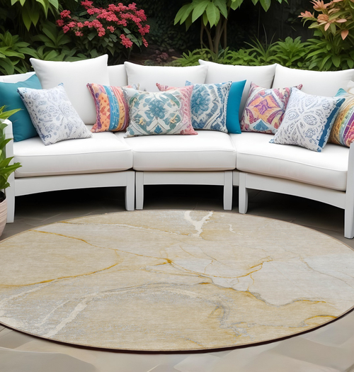 8' Round Beige Abstract Washable Indoor Outdoor Area Rug