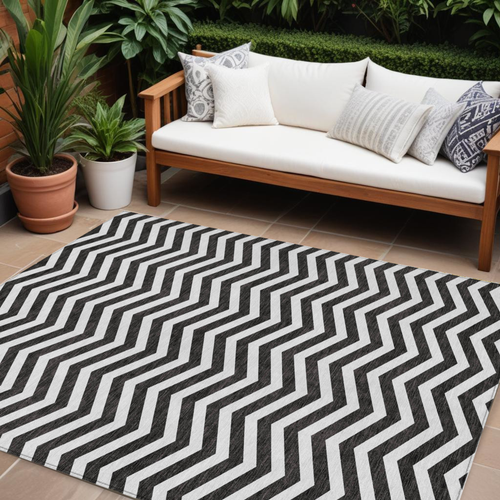 9' X 12' Black And Ivory Chevron Washable Indoor Outdoor Area Rug
