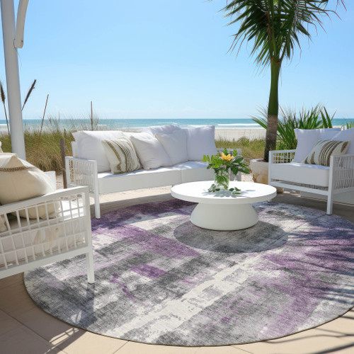 8' Purple And Ivory Round Abstract Washable Indoor Outdoor Area Rug - Purple, Ivory