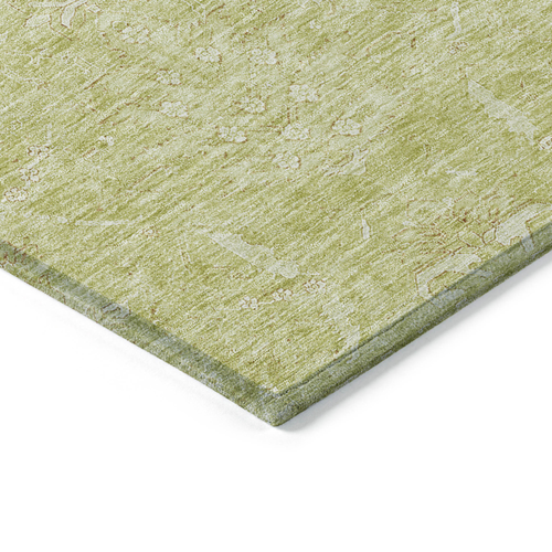 8' Artichoke Green And Ivory Round Damask Washable Indoor Outdoor Area Rug