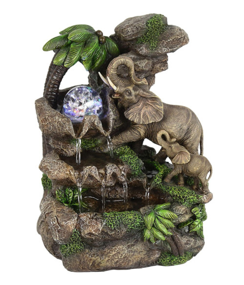Homeroots Home Decor 11" Gray Polyresin Elephant Tabletop Fountain with Light