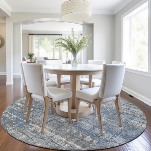 8' Denim Blue And Gray Round Geometric Washable Indoor Outdoor Area Rug - Denim Blue, Gray