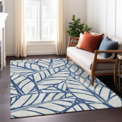 10' X 14' Navy Blue And Beige Floral Washable Indoor Outdoor Area Rug