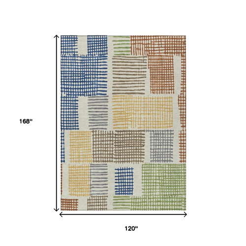 10' X 14' Beige Gold And Blue Geometric Washable Indoor Outdoor Area Rug
