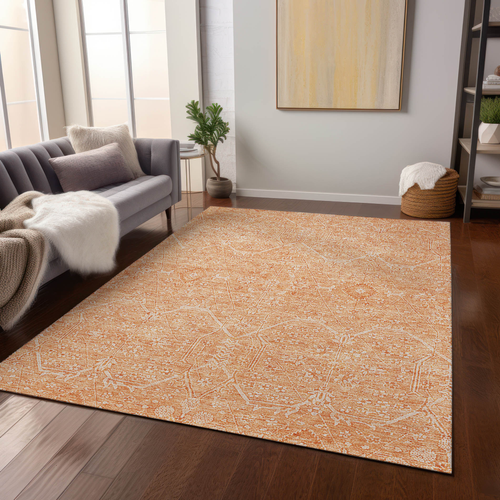 9' X 12' Salmon Floral Washable Indoor Outdoor Area Rug