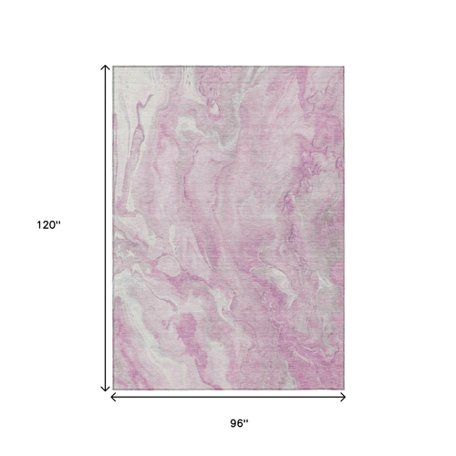 8' X 10' Pink And Silver Abstract Washable Indoor Outdoor Area Rug