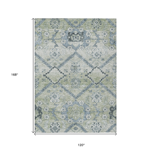 10' X 14' Artichoke Green Denim Blue And Silver Floral Washable Indoor Outdoor Area Rug