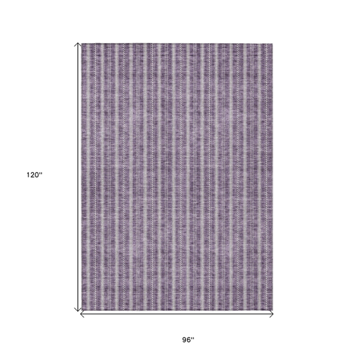 8' X 10' Purple And Ivory Striped Washable Indoor Outdoor Area Rug
