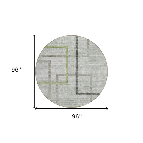 8' Green And Charcoal Round Geometric Washable Indoor Outdoor Area Rug