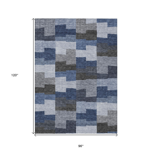 8' X 10' Navy Blue And Sky Blue Geometric Washable Indoor Outdoor Area Rug