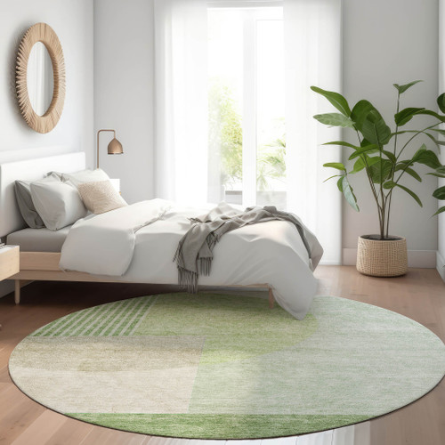 8' Olive Green And Artichoke Green Round Geometric Washable Indoor Outdoor Area Rug