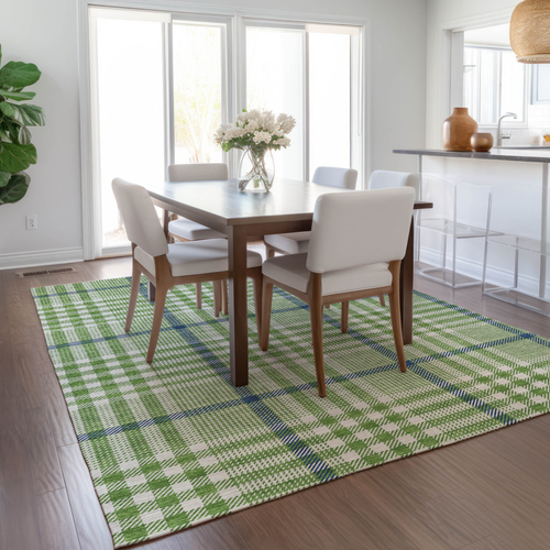 10' X 14' Green And Ivory Plaid Washable Indoor Outdoor Area Rug