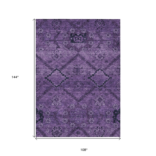 9' X 12' Eggplant Purple And Plum Floral Washable Indoor Outdoor Area Rug