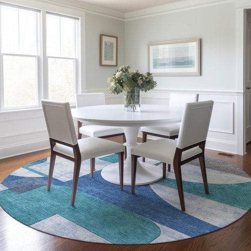 8' Teal Blue And Ivory Round Geometric Washable Indoor Outdoor Area Rug